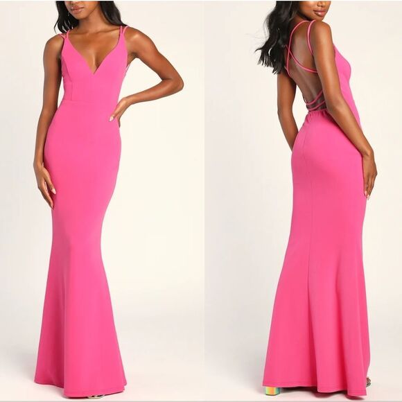 lulus Dresses & Skirts - Lulu's All This Allure Hot Pink Strappy Open Back Mermaid Gown Dress Womens S
